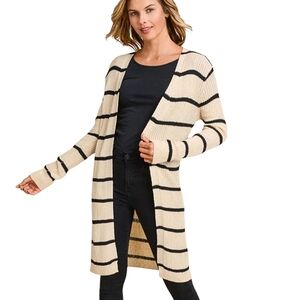 NWT Doe & Rae Ribbed Midi Cardigan Sweater Striped Cream & Black Open Front M